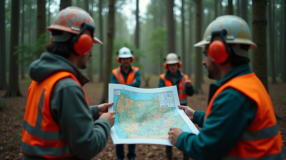 Eye-level view of forest management team analyzing digital maps