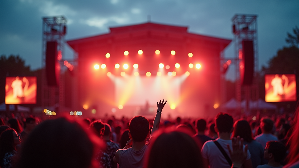 Wide angle view of a vibrant outdoor concert setting