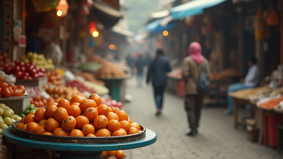 Close-up view of vibrant marketplace with various local goods