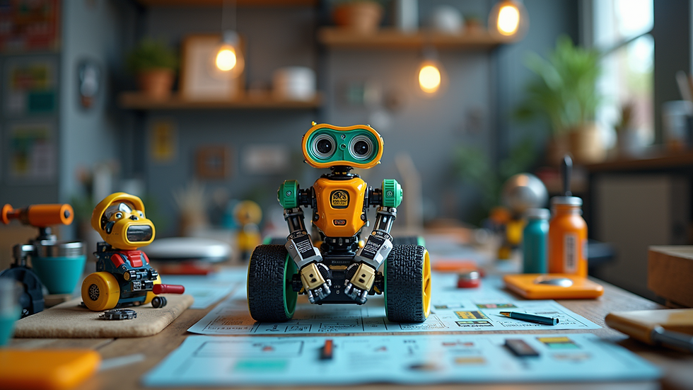 Eye-level view of a colorful robotics kit on a table