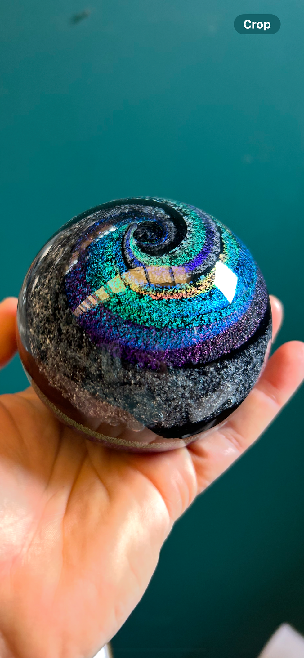 Thumbnail: Andromeda ashes in glass galaxy orb, glass paperweight cremations 