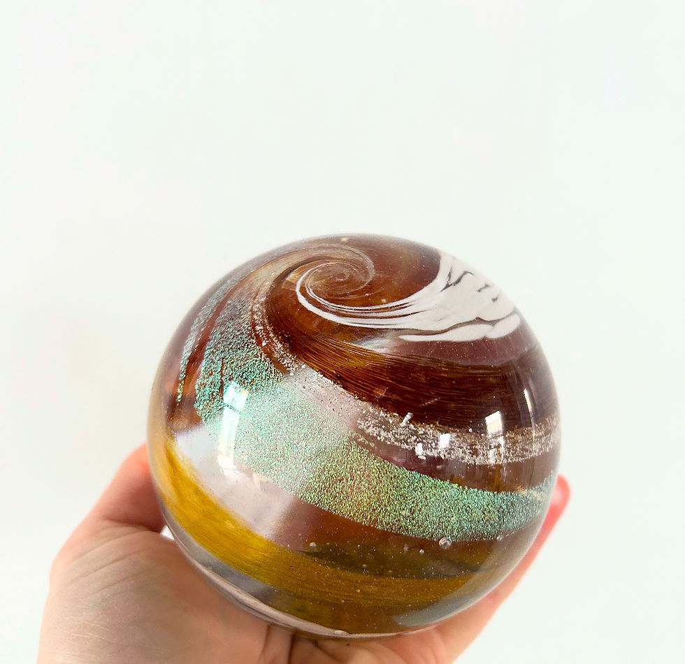 Thumbnail: Memorial Glass gold amber and dark amber orb with white, cremation glass, ash
