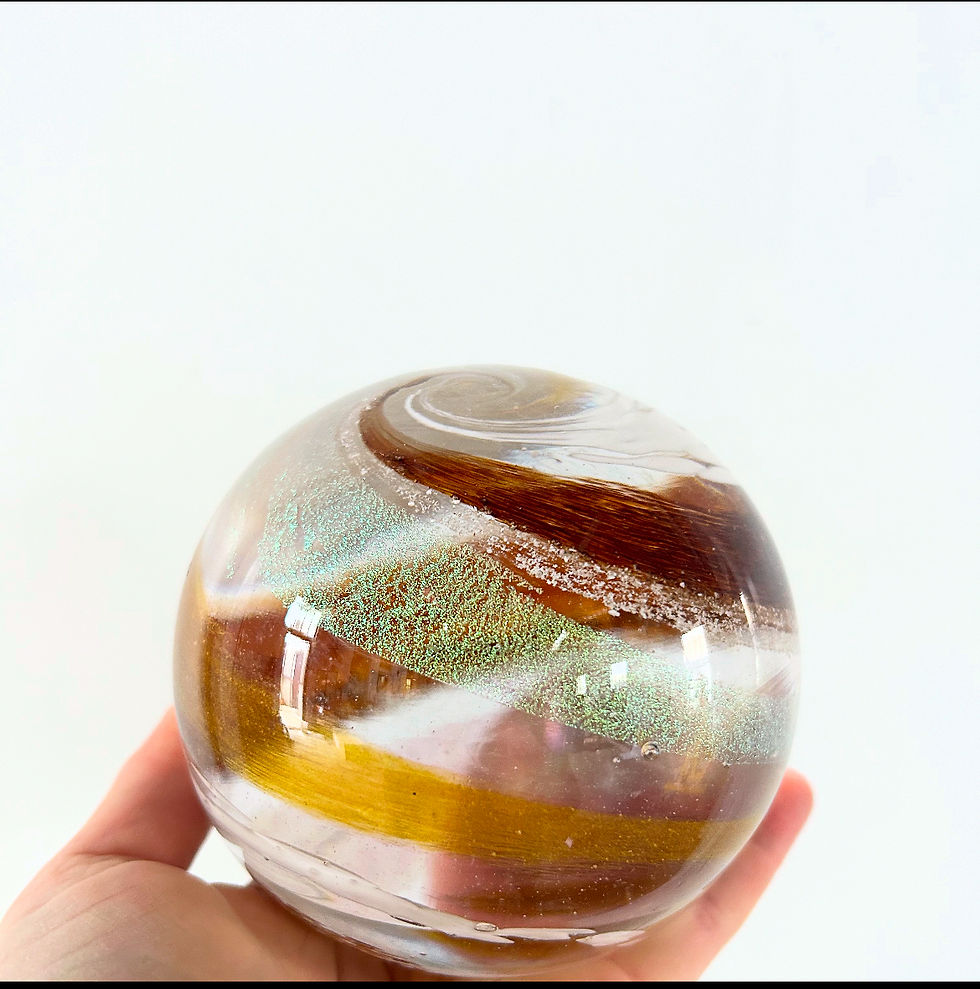 Thumbnail: Memorial Glass gold amber and dark amber orb with white, cremation glass, ash