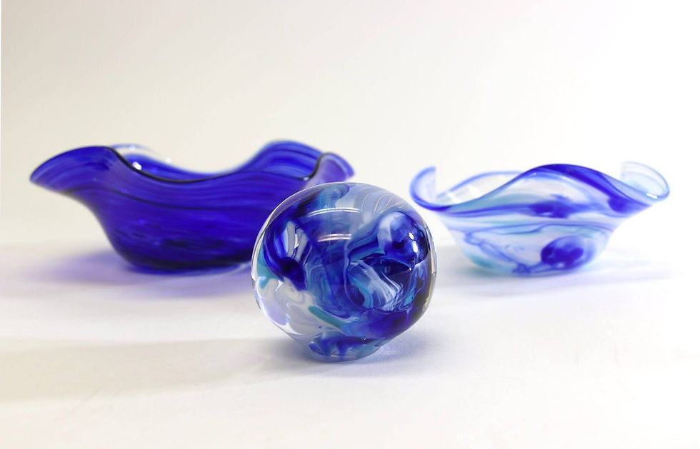 Thumbnail: Small Memorial Set / ashes in glass bowls and paperweight - 8",  6" and 3" items