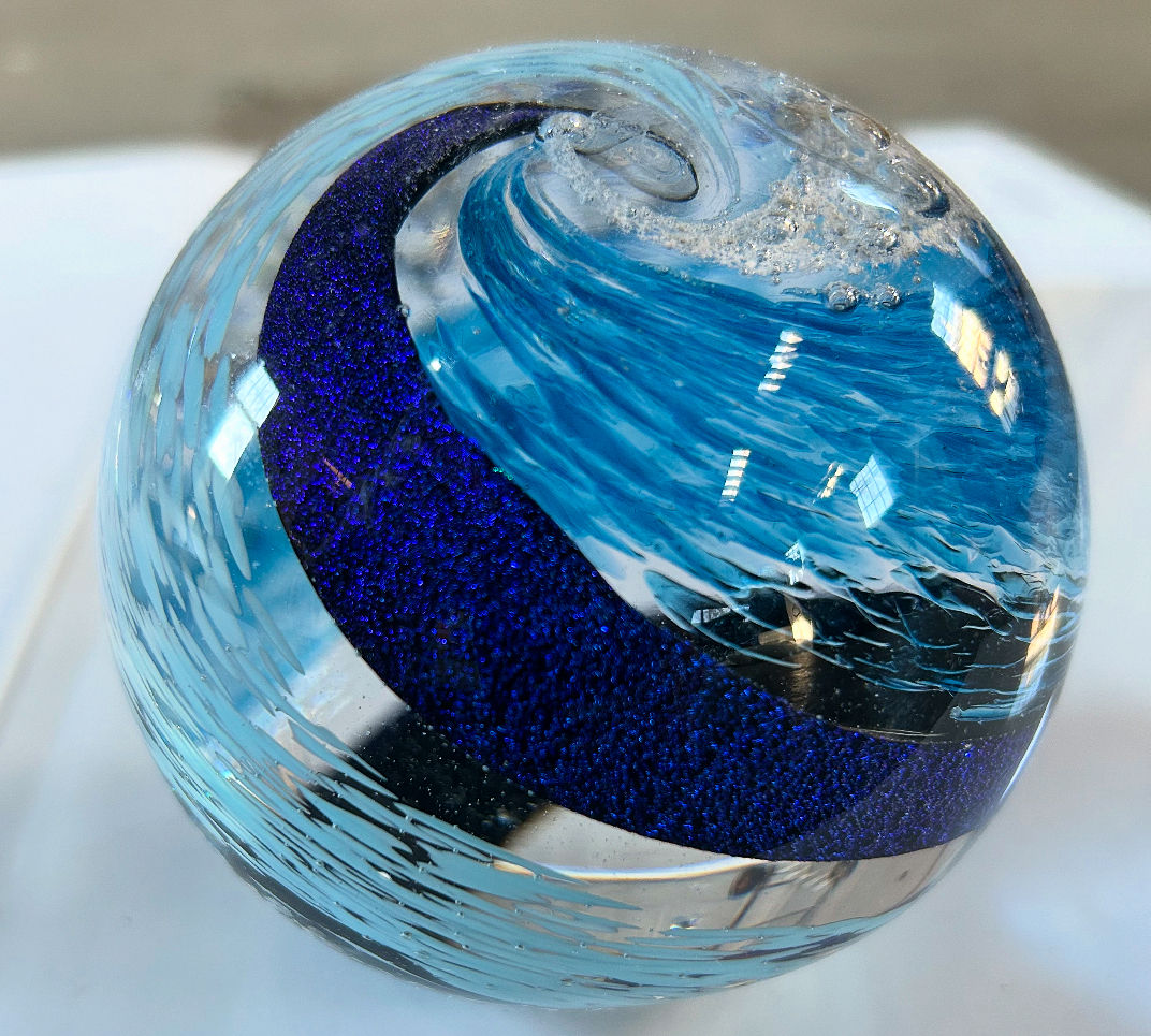 Baby blue sky cremation memorial, blue ashes in glass, ashes keepsake memorial