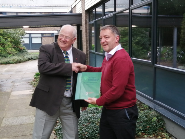 Once the story is #published there is often a press release with photos: @IDickson258 presenting Prof. Michael Lavalette @mlavalette with copies of the reports from the conference for care experienced people at @LiverpoolHopeUK today. #carefamily