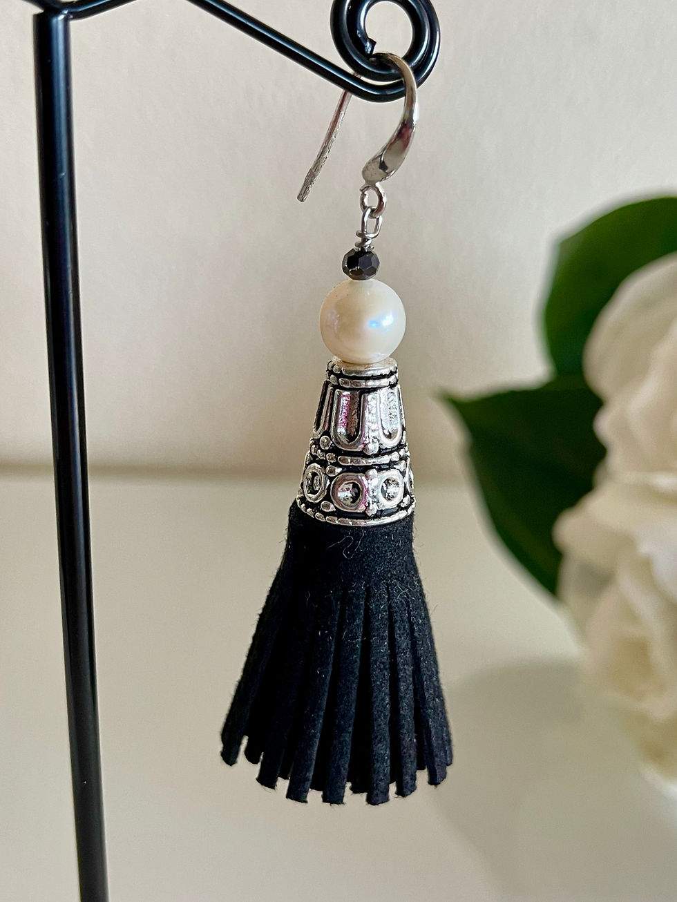 Thumbnail: White freshwater pearl tassel earrings with sterling silver hooks