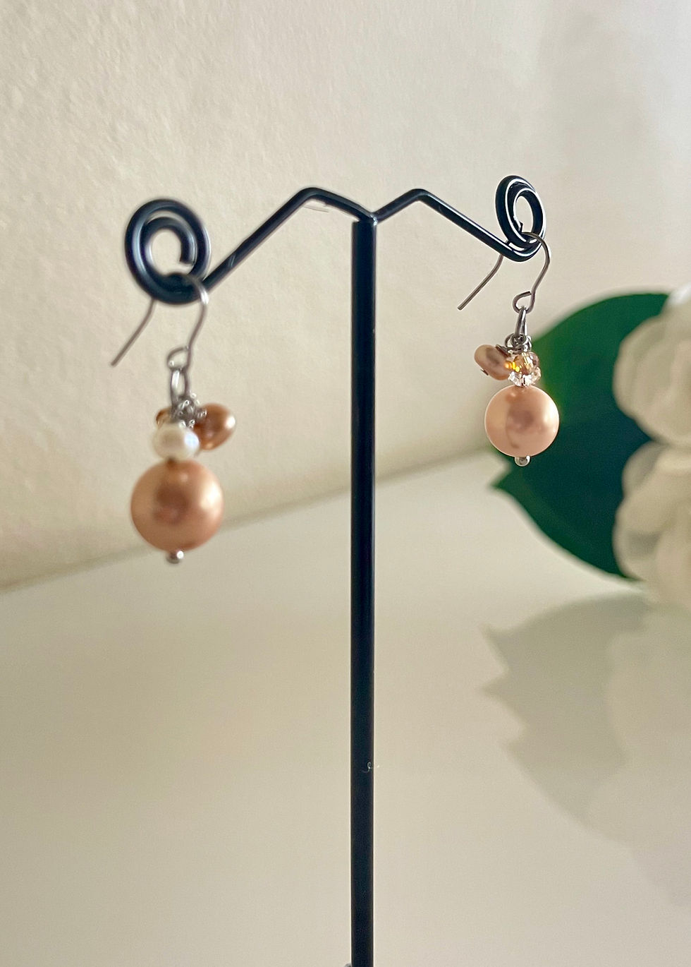 Thumbnail: Shell pearl pierced earrings with surgical stainless hooks handmade