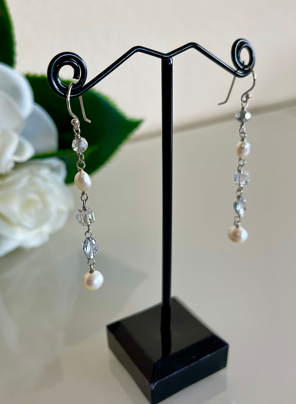 White freshwater pearls & crystal earrings with silver 925 hooks