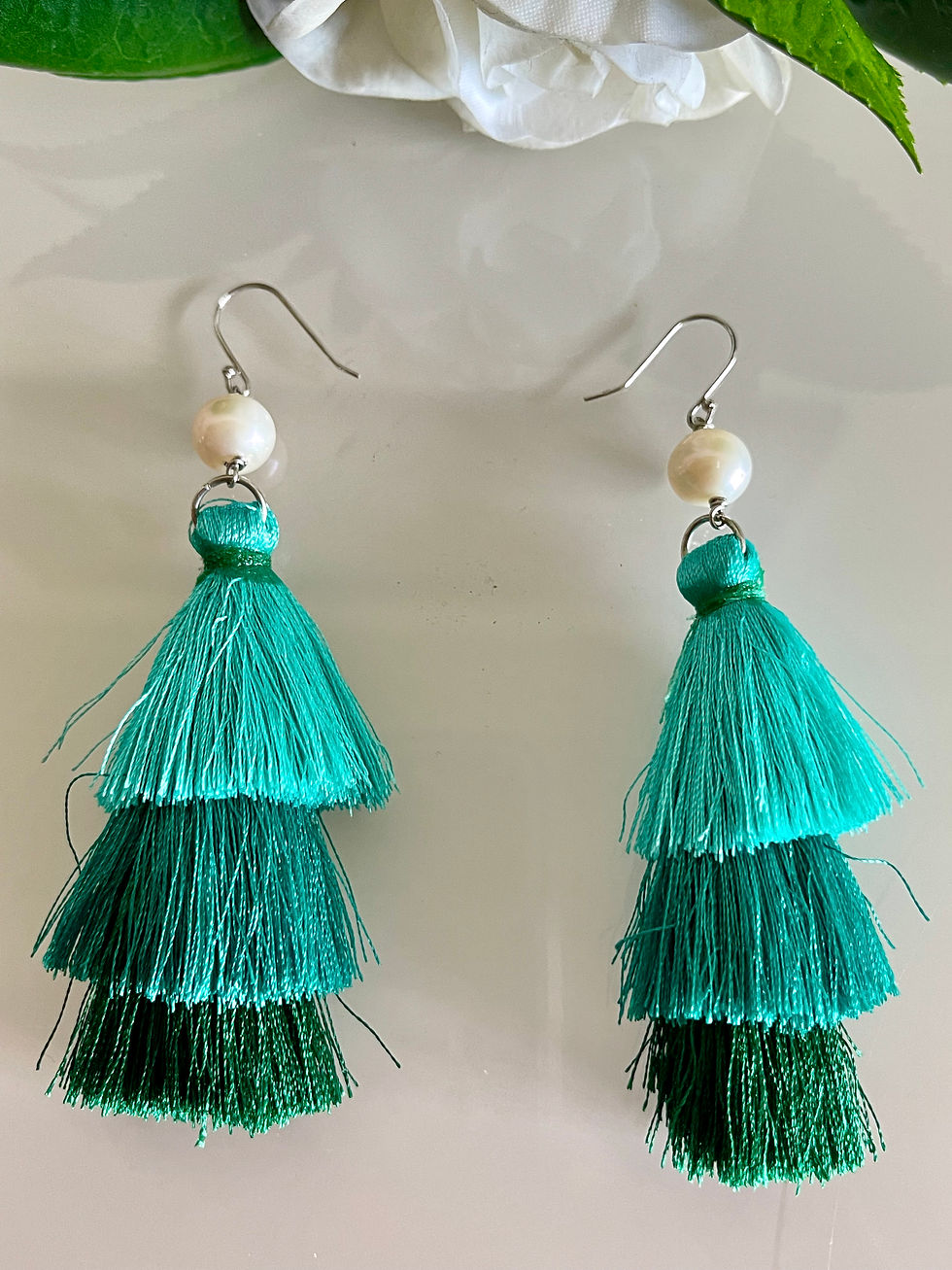 Thumbnail: White freshwater pearl tassel earrings with sterling silver hooks
