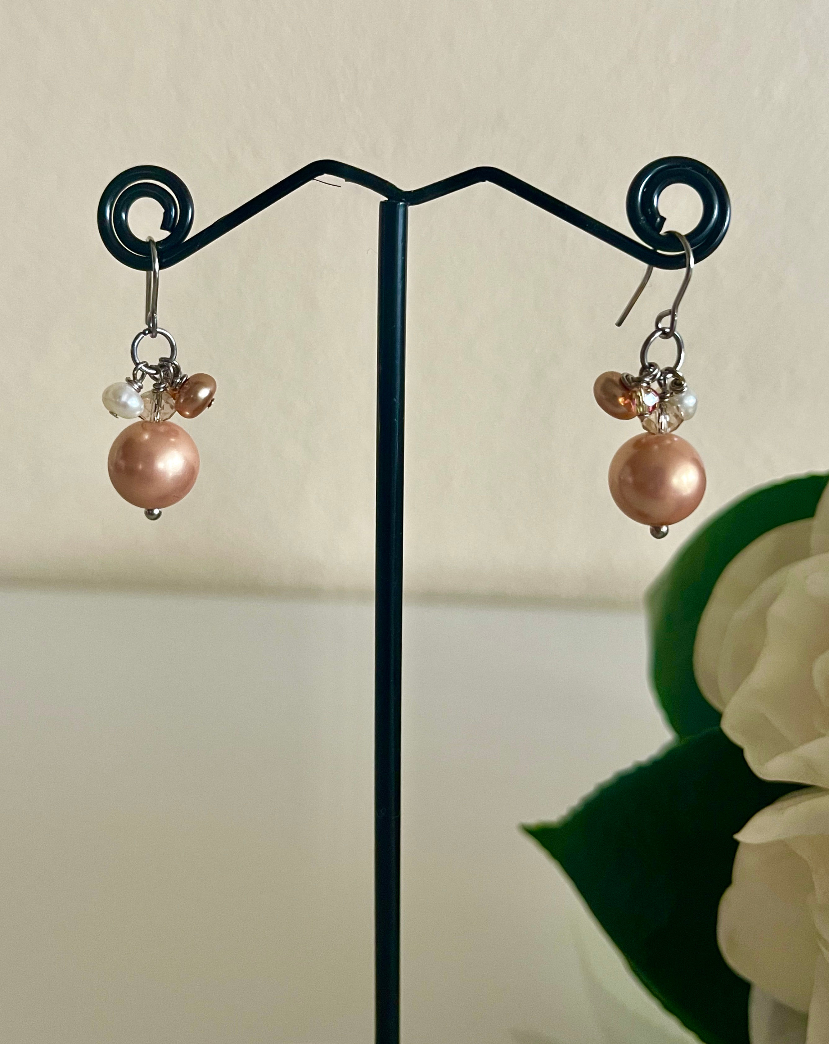 Shell pearl pierced earrings with surgical stainless hooks handmade