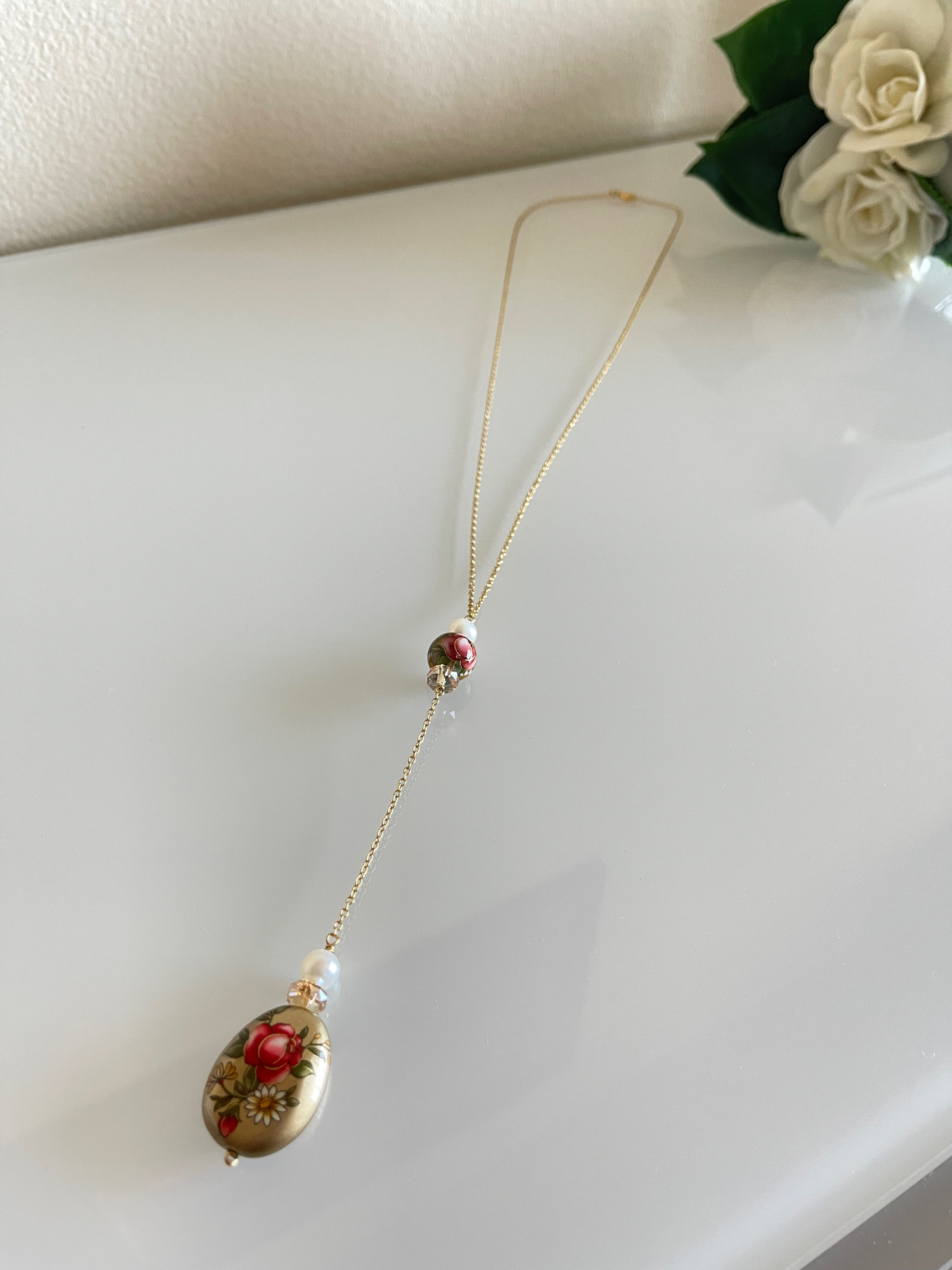 Japanese Tensha beads freshwater pearl with none rusty gold chain necklace