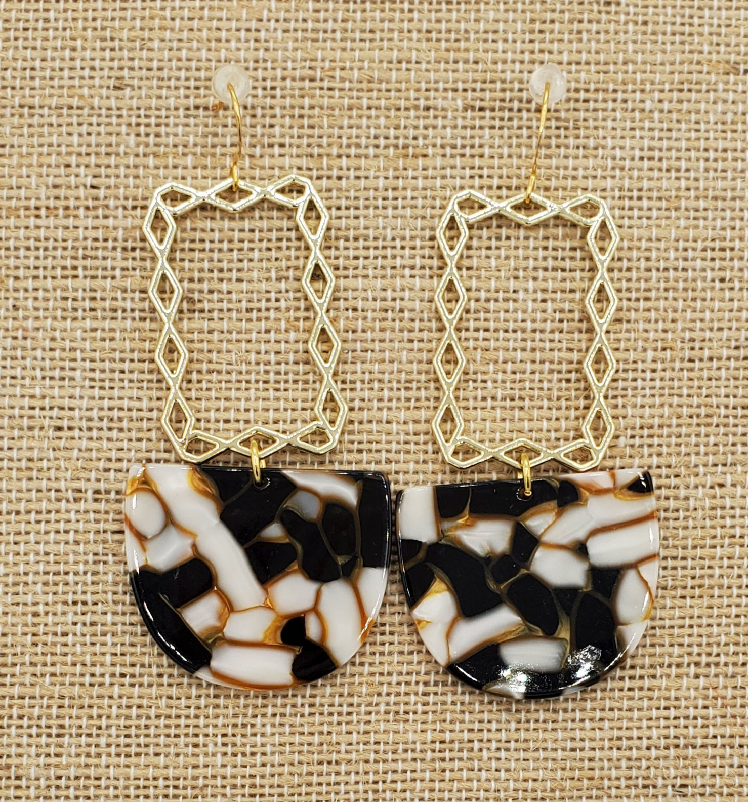 Geometric Gold & Resin Neutral Mosaic Earrings