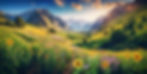 A valley nestled between two towering mountains. There are fields of grass and colorful w