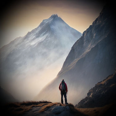 A lone hiker standing at the base of a towering mountain at sunrise, gazing upward with de