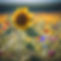 a closeup focused on a sunflower in a meadow with colorful wildflowers blurred in the back