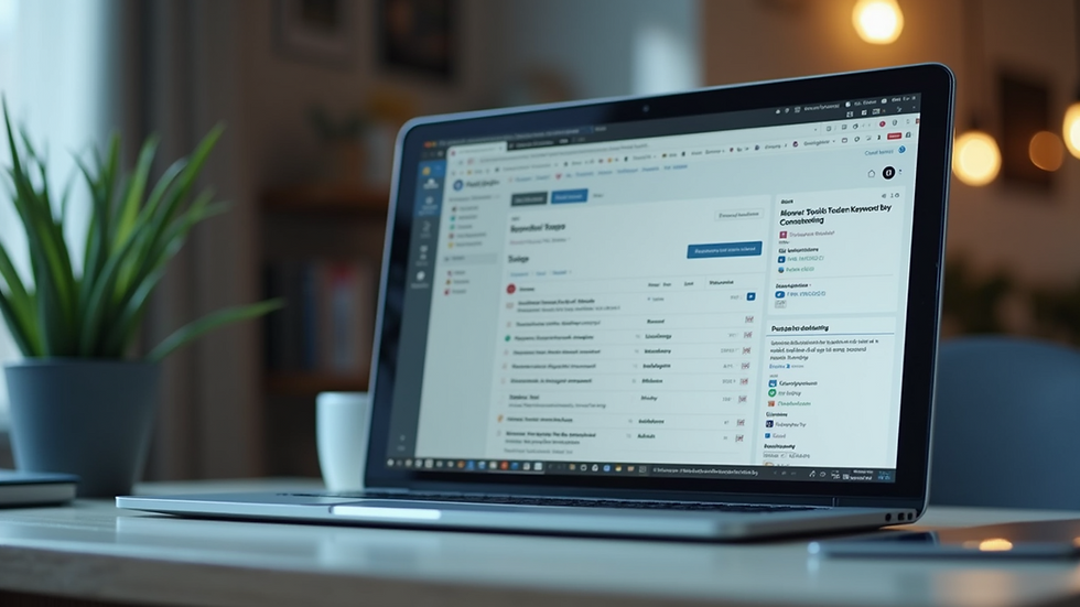 Eye-level view of a laptop screen showing keyword research tools