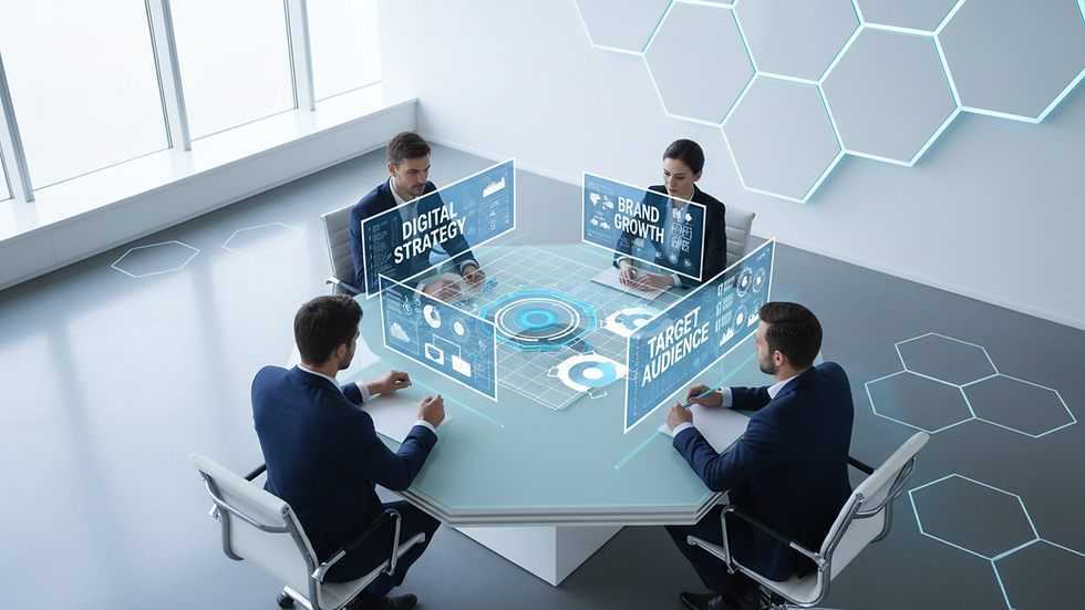 High angle view of a business meeting discussing digital marketing strategies