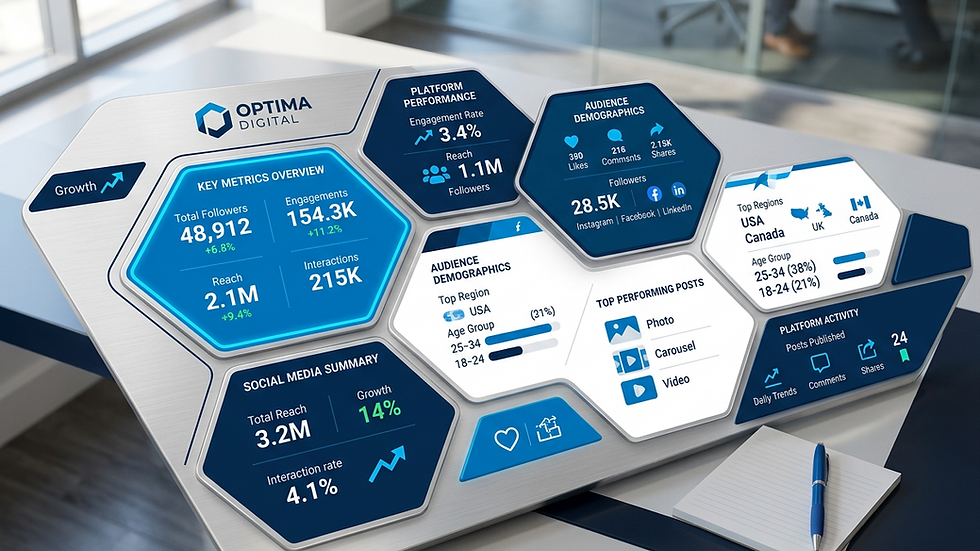 High angle view of a digital marketing dashboard showing social media analytics