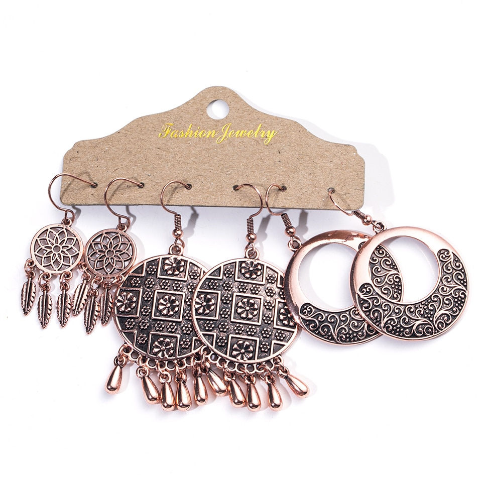 Thumbnail: Multiple Boho Ethnic Rose Gold Dangle Drop Earrings