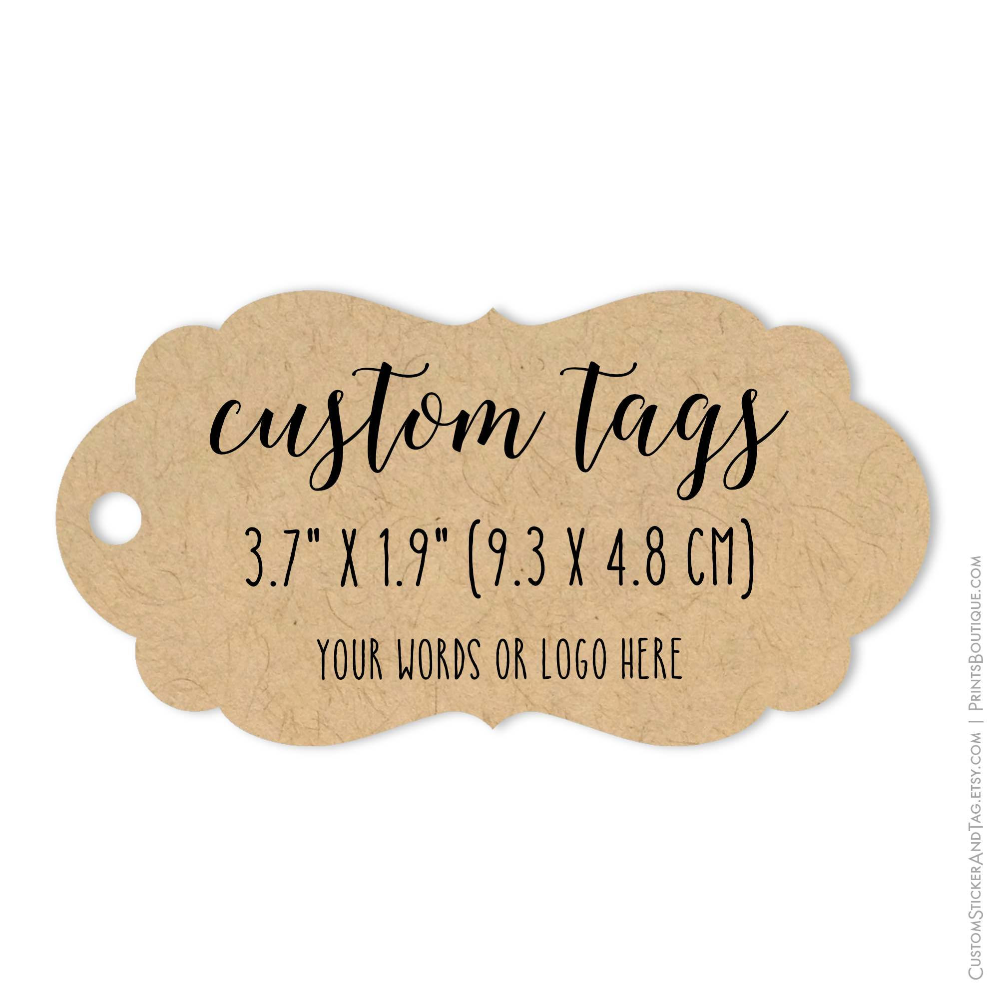 Large bracket shape custom tags with your words or logo. Set of 20 tags (T-107b)