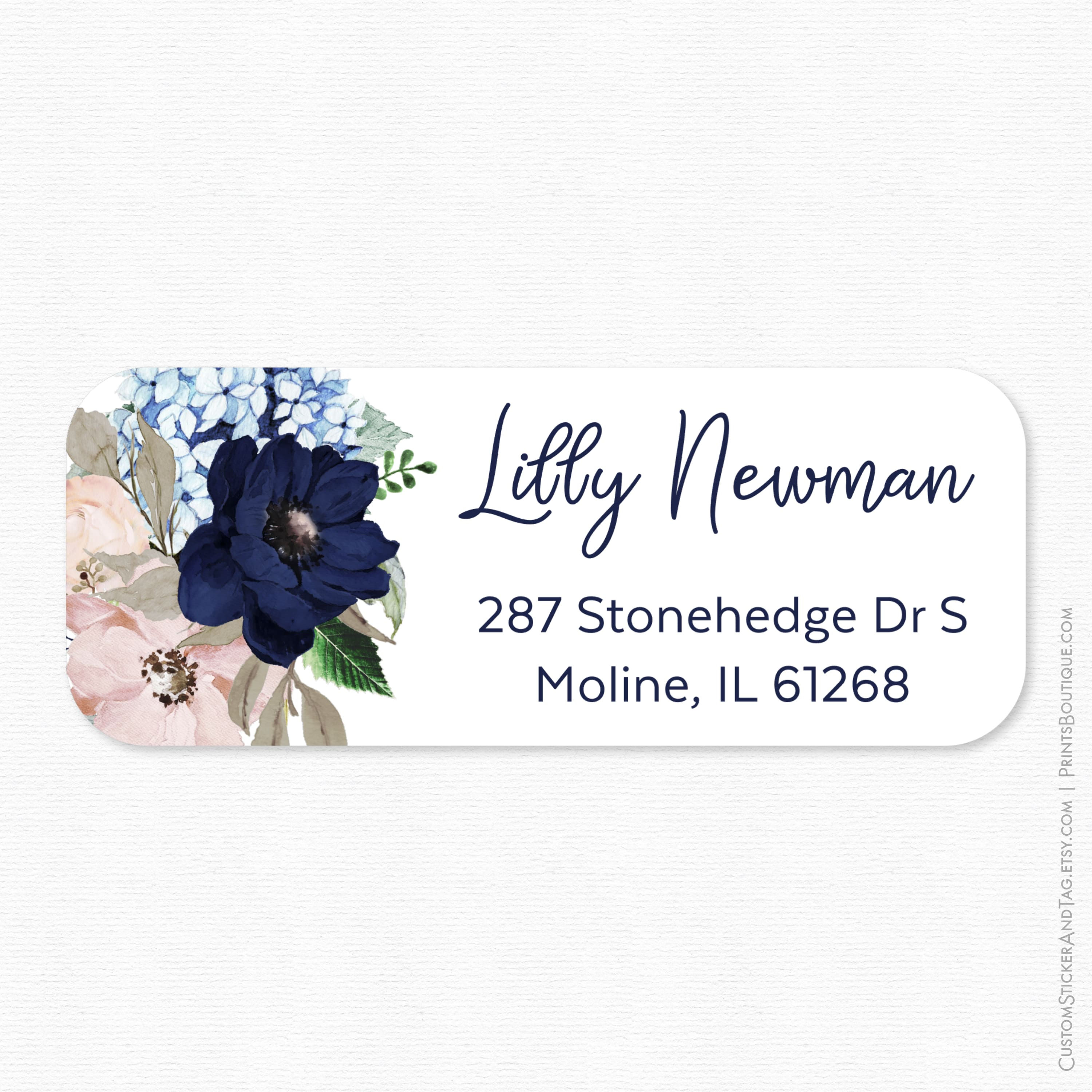Return Adress Labels with Navy and Blush Flowers. Set of 30 labels