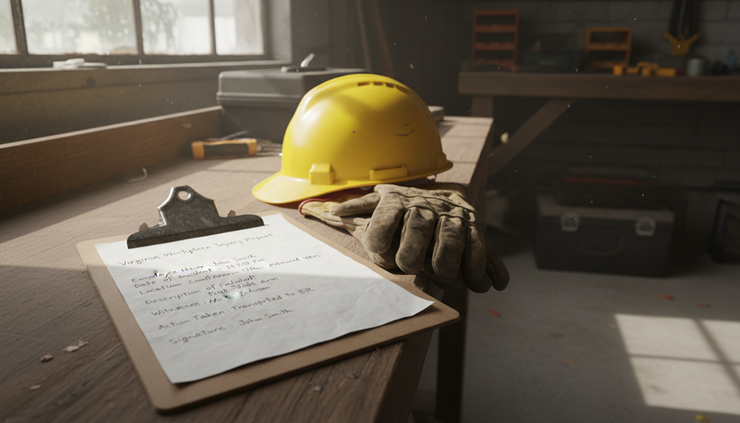 Close-up view of a handwritten workplace injury report beside a hard hat and work gloves
