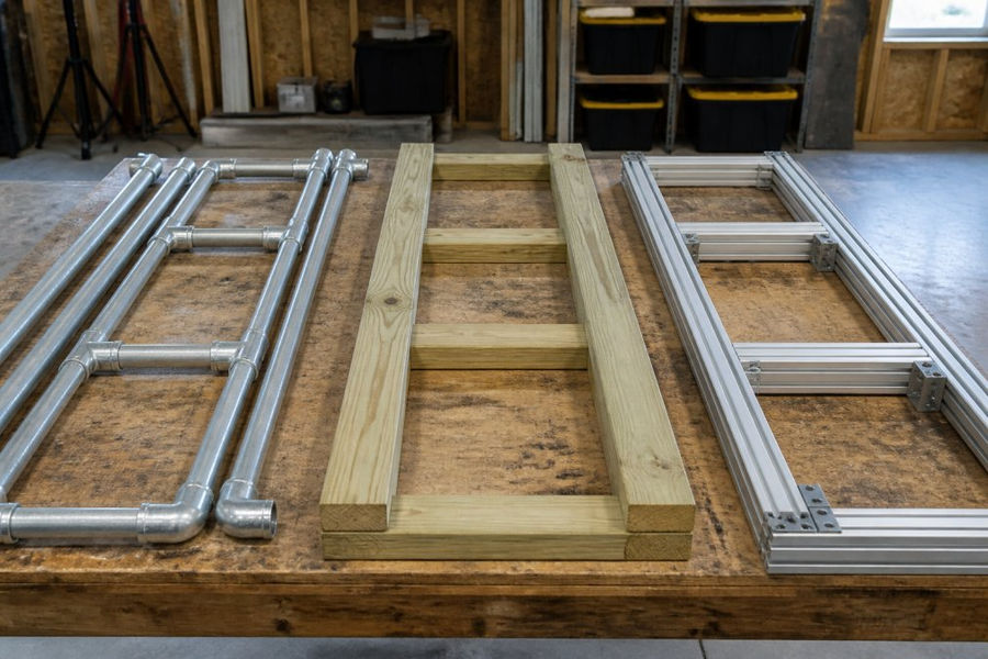 Professional workshop displaying three frame material options: EMT conduit sections with steel corner fittings, pressure-treated wood framing boards, and aluminum tubing with connectors arranged side by side on a workbench with proper lighting