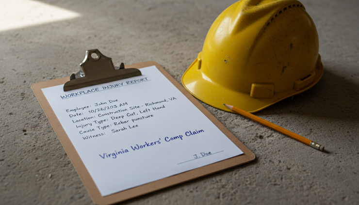 Close-up view of a handwritten injury note beside a hard hat