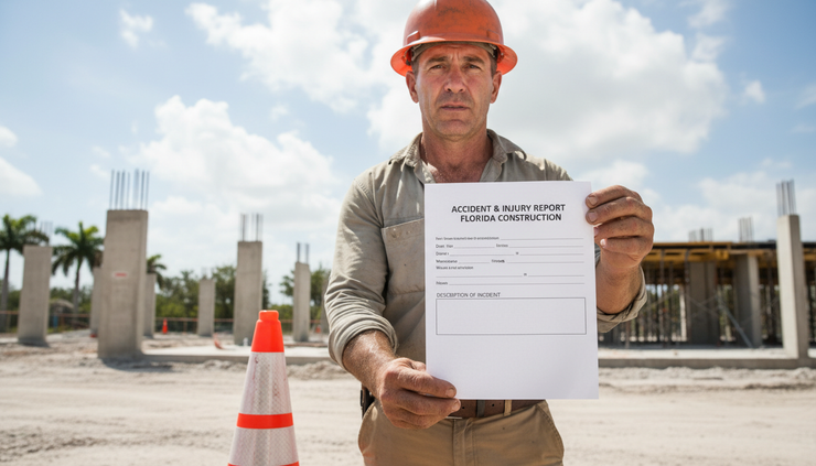 Eye-level view of a Florida construction worker holding an injury report form near a safety cone