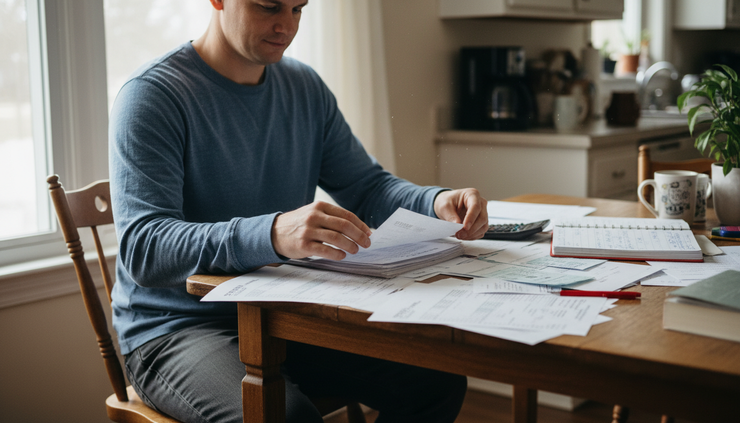 Eye-level view of a worker organizing injury paperwork at a kitchen table