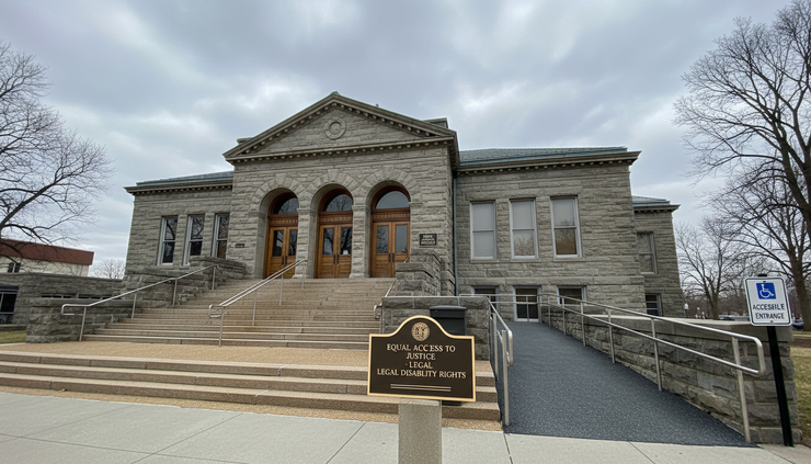 Wide-angle view of an Ohio courthouse entrance with stone steps and a cloudy sky