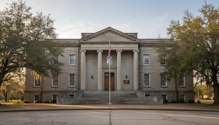 Wide-angle view of an Alabama courthouse entrance on a quiet morning.