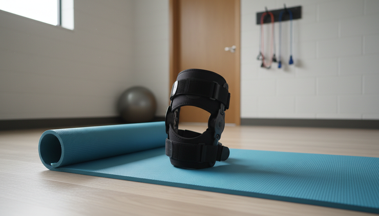 Eye-level view of a physical therapy room with a knee brace resting on an exercise mat.