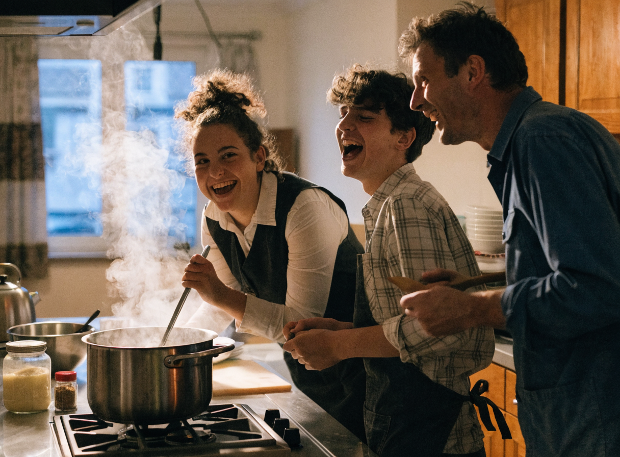 Jugendliche und Betreuer kochen gemeinsam in der Wohngruppe