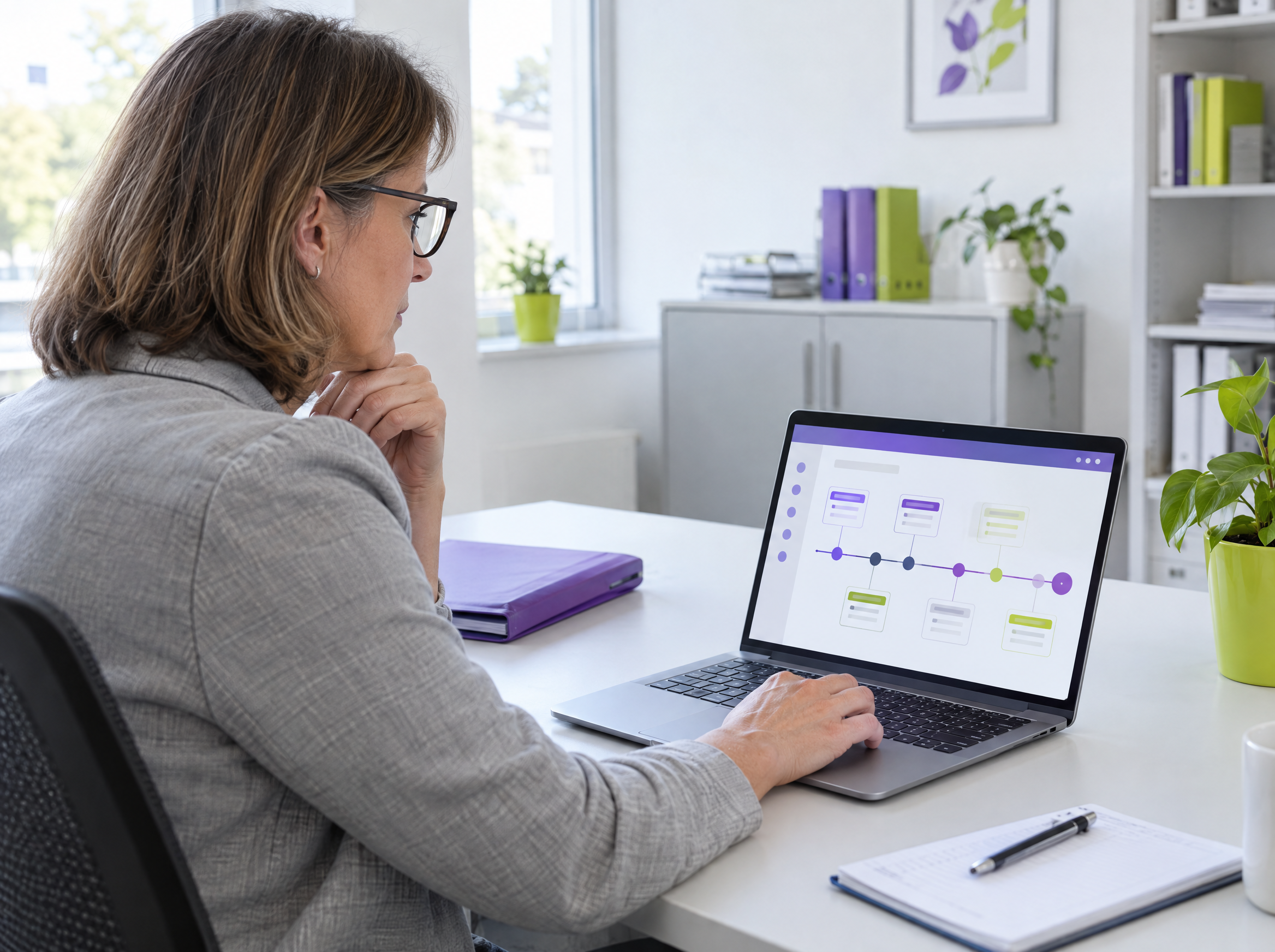 Pädagogische Leitung prüft den Fallverlauf eines Kindes in der digitalen Fallakte am Laptop