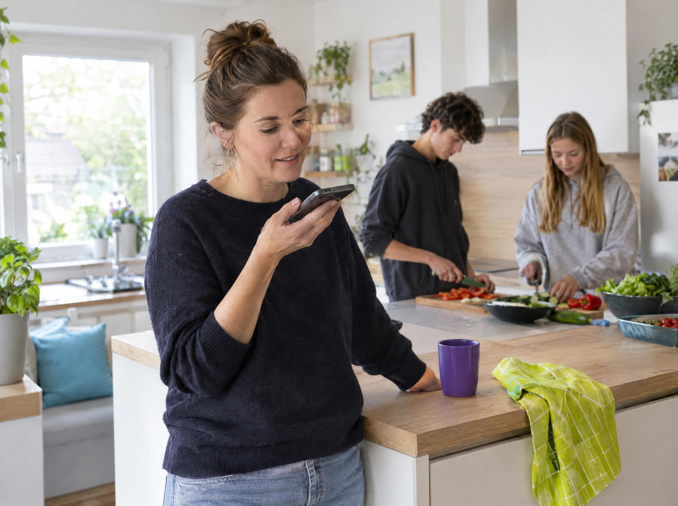 Sozialpädagogin dokumentiert per Spracheingabe am Smartphone in der Küche einer Wohngruppe