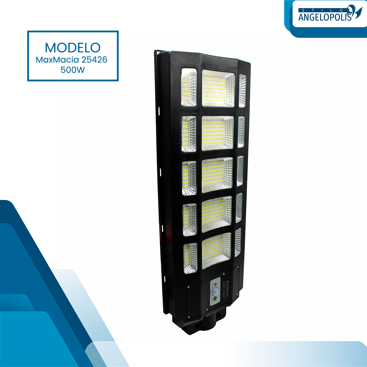 Vista General Lámpara Solar LED de 500W Suburbana para Alumbrado Público Con Sensor y Control Stilo Angelópolis