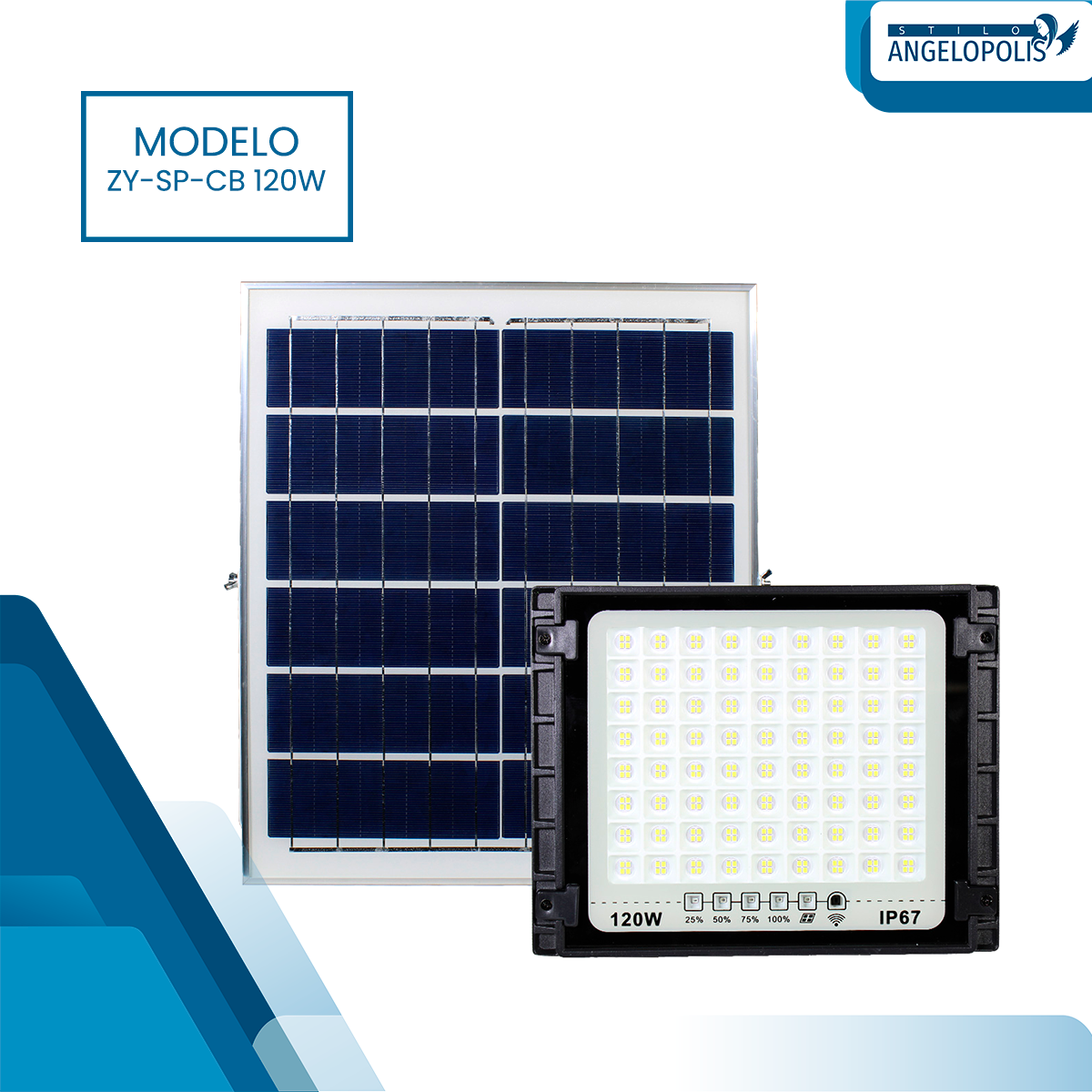 Vista general Reflector Solar LED de 120W Alta Potencia y Amplitud con Control Remoto Stilo Angelópolis