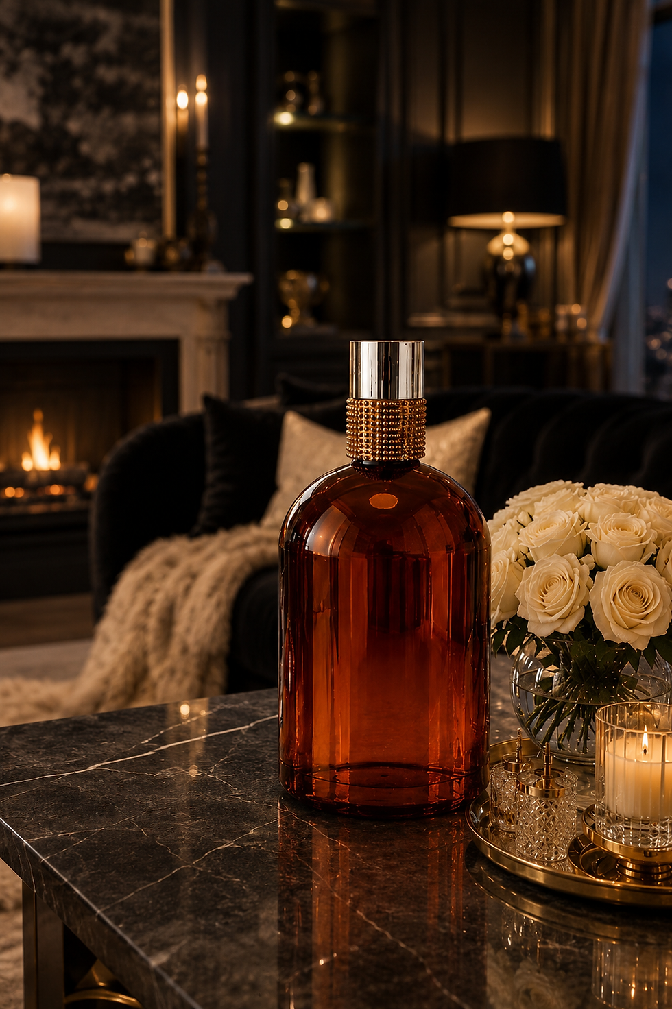 Velvet Five Forty Home & Linen Perfume displayed on black marble in an elegant luxury hotel interior