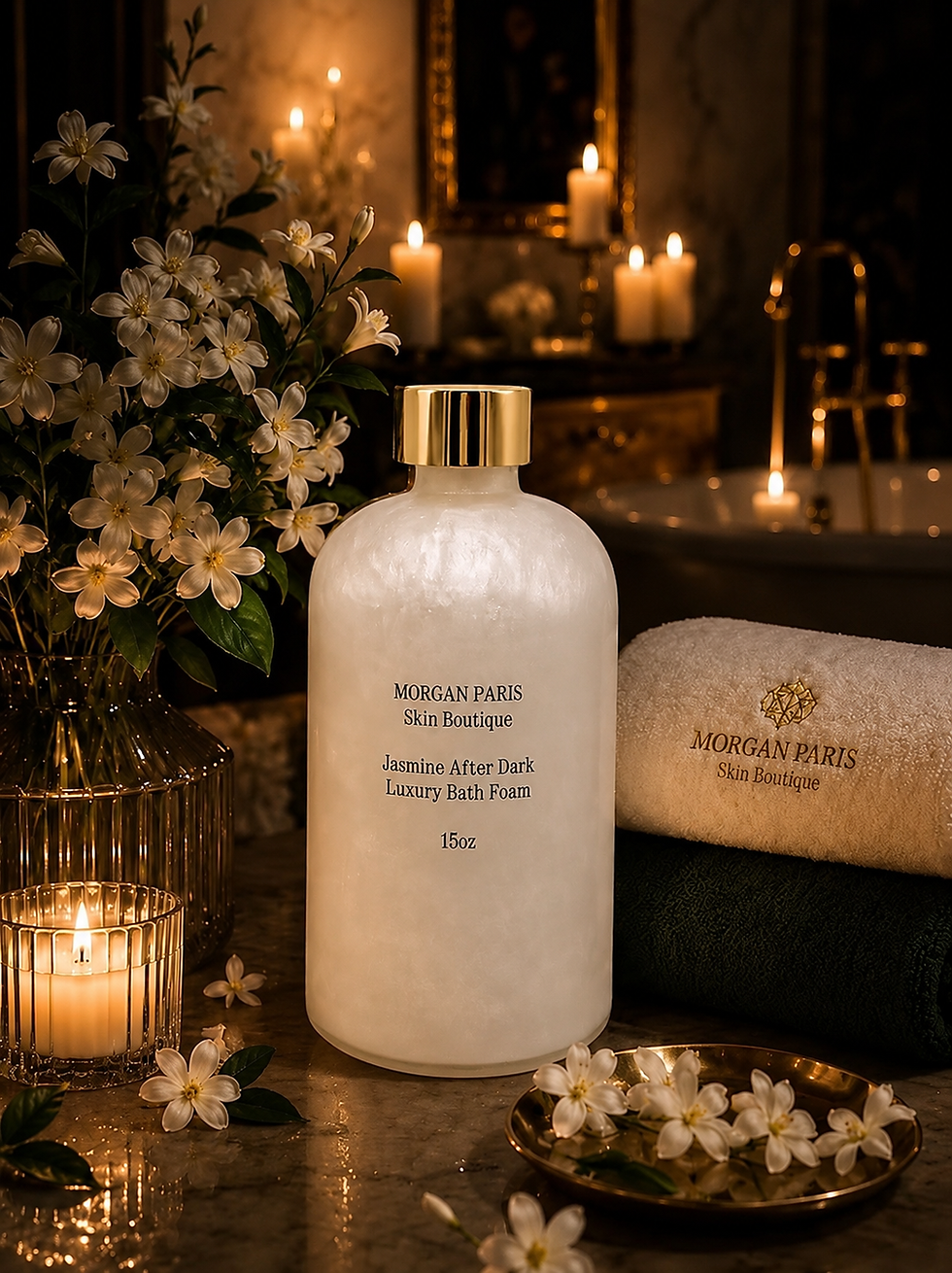 Jasmine After Dark Luxury Bath Foam in a warm candlelit spa setting