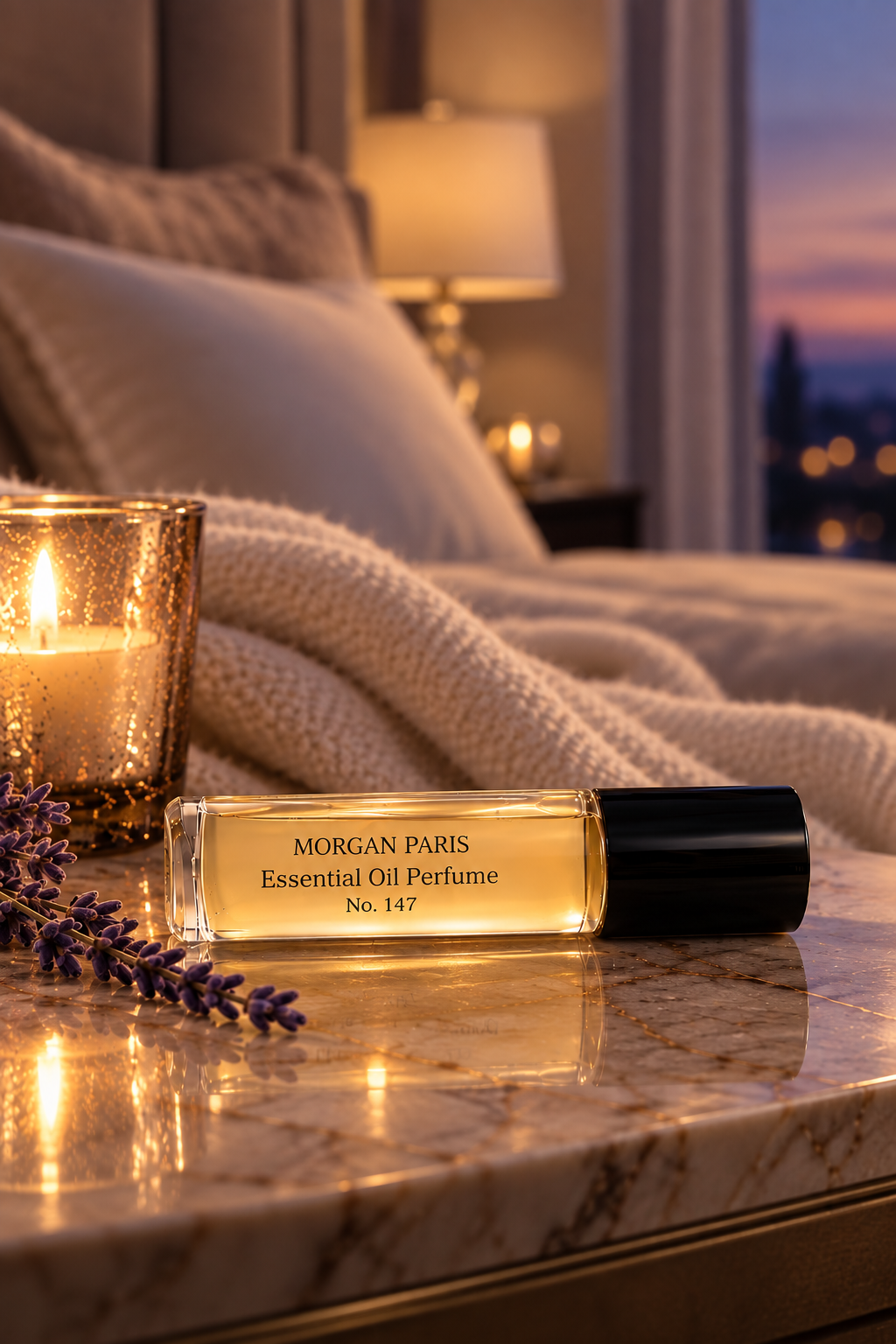 Morgan Paris No. 147 essential oil perfume in a serene luxury suite at dusk