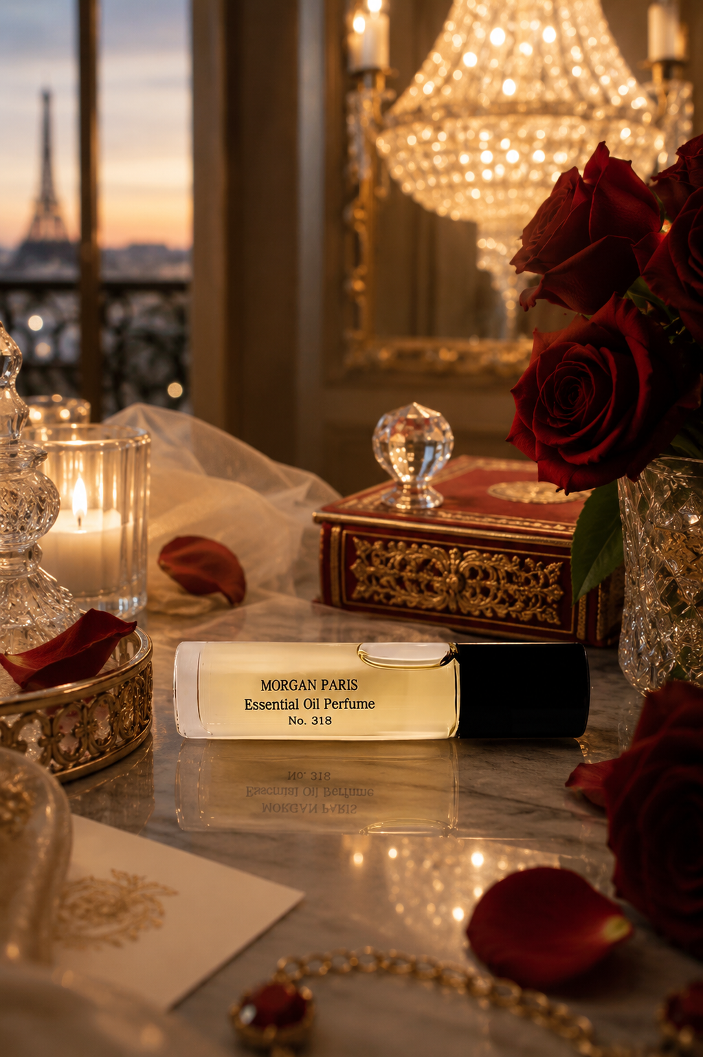 Morgan Paris No. 318 Perfume Oil displayed in a luxurious setting with deep red florals and warm golden accents