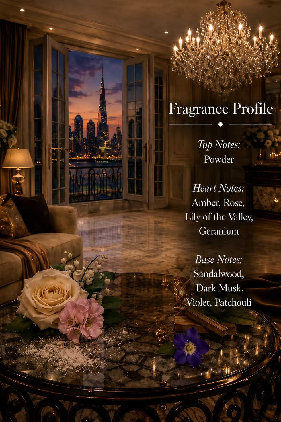 Dubai After Dark Car Perfume fragrance notes of amber, rose, sandalwood and musk.