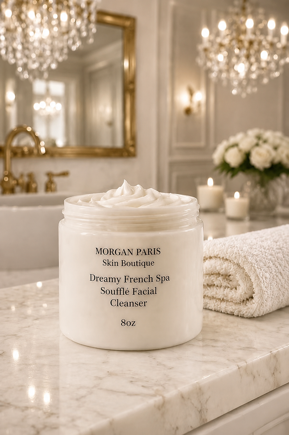 Dreamy French Spa Soufflé Facial Cleanser on a marble vanity in an elegant French-inspired luxury spa