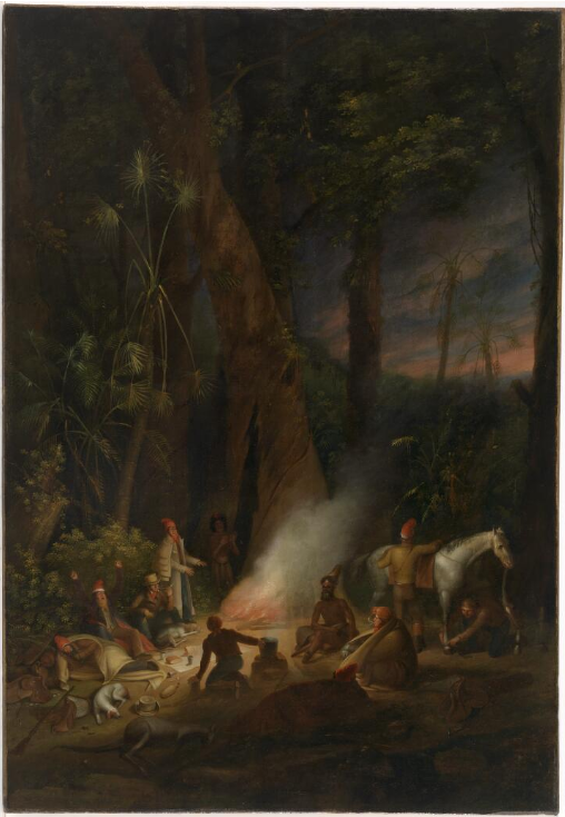Augustus Earle , A Bivouac of Travellers in Australia, in a cabbage tree forest, day break, 1827