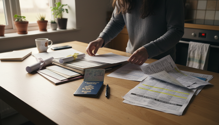 Eye-level view of a person organizing certificates and passport on a kitchen table.