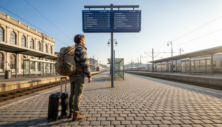 Wide-angle view of a traveler standing on a European train platform with a suitcase and backpack.