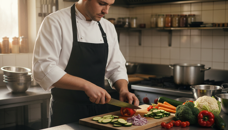 Close-up view of a chef preparing fresh vegetables in a small restaurant kitchen.