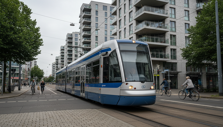 Low-angle view of a tram passing through a German city street near apartment buildings.